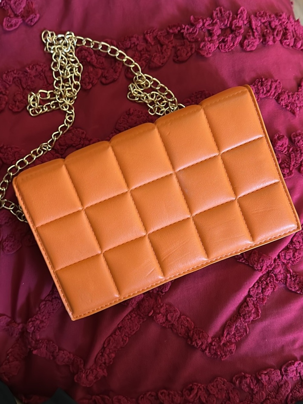Quilted Orange Chain Crossbody Bag - Women's Stylish Shoulder Purse